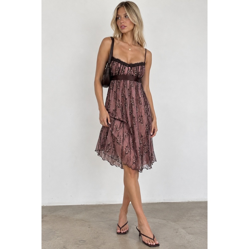 Teeze Me Mini Babydoll Empire Waist Dress Large Pink Brown Lace Y2K Whimsigoth